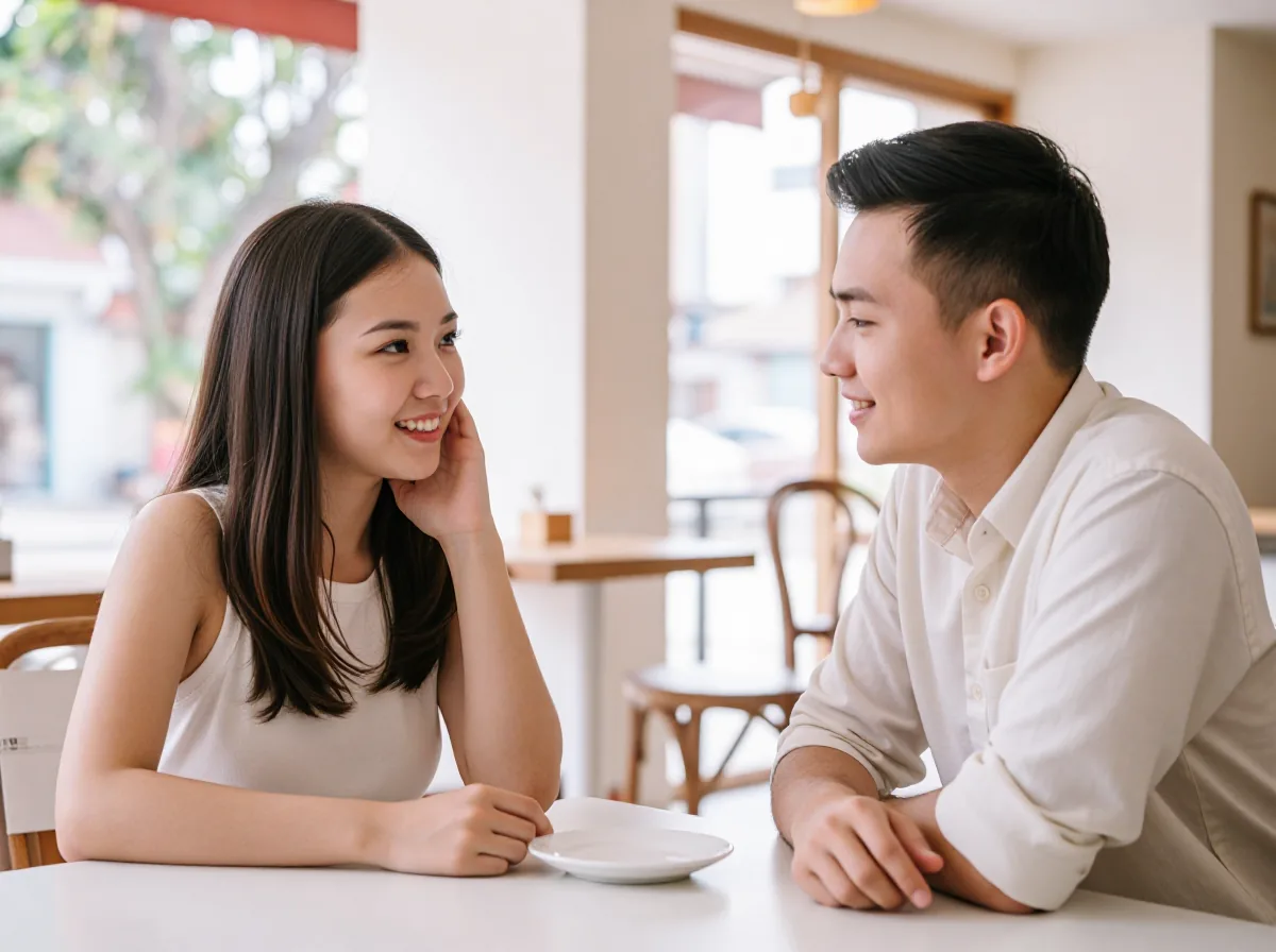 Pasangan muda Indonesia berdiskusi hangat di meja kafe yang terang