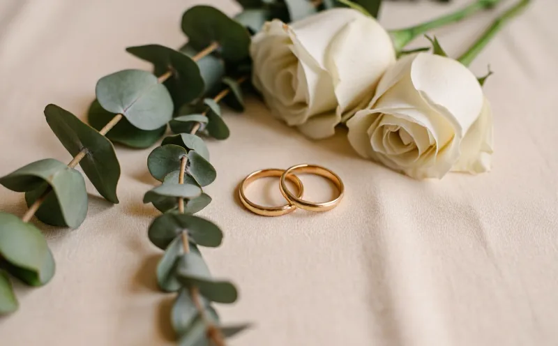 Dua cincin pernikahan emas di atas kain linen ivory dengan mawar putih