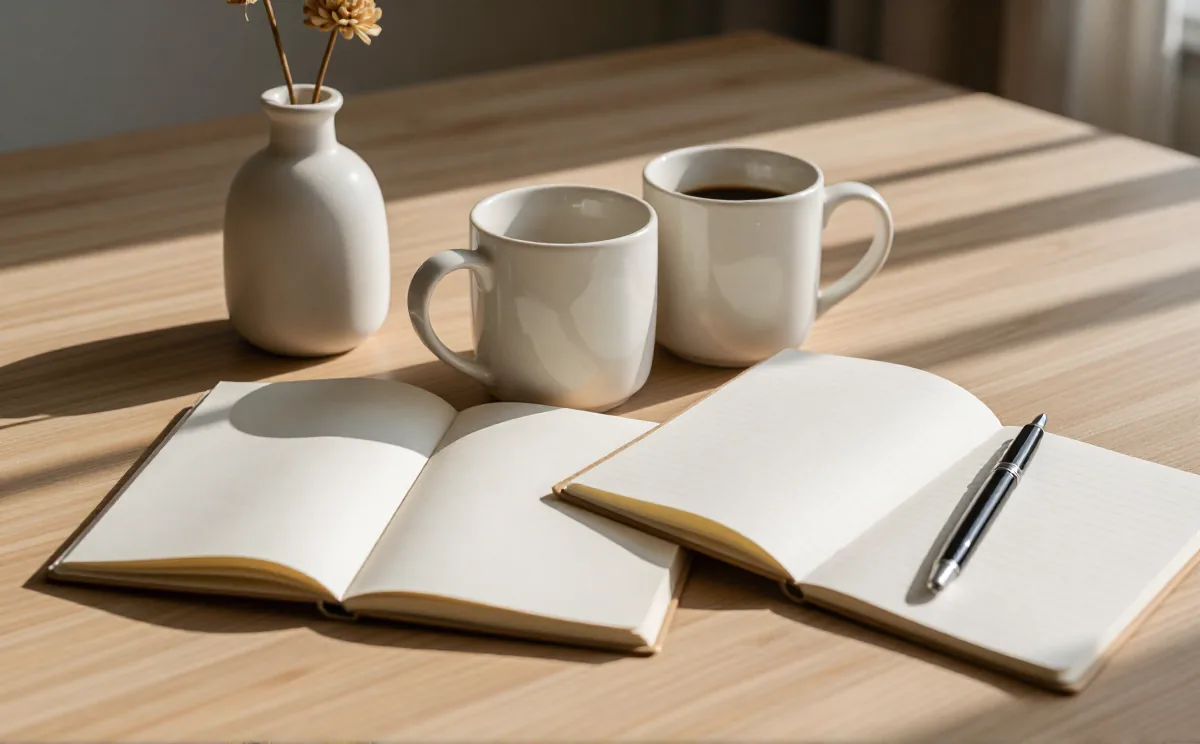 Dua cangkir kopi dan buku terbuka dengan pena di atas meja kayu