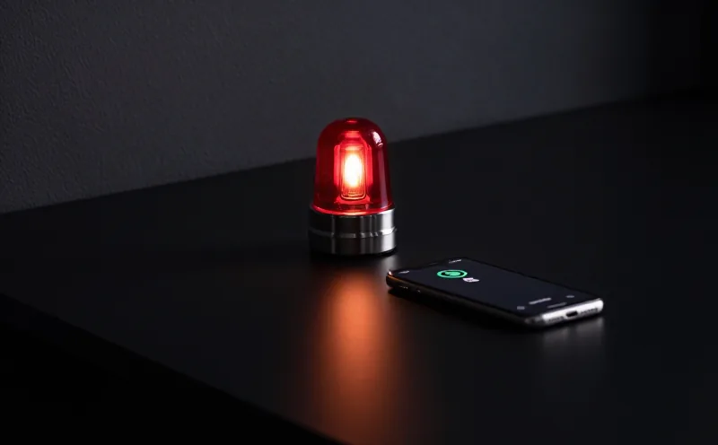 Lampu peringatan merah menyala di permukaan gelap dengan gawai