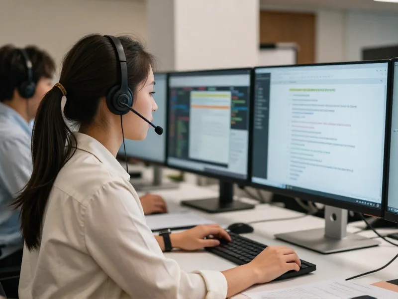 Moderator dengan headset meninjau konten di monitor kantor modern