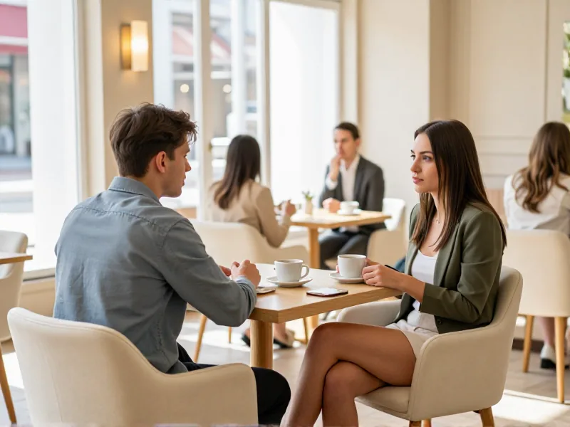 Pertemuan pertama di kafe terang dengan jendela besar