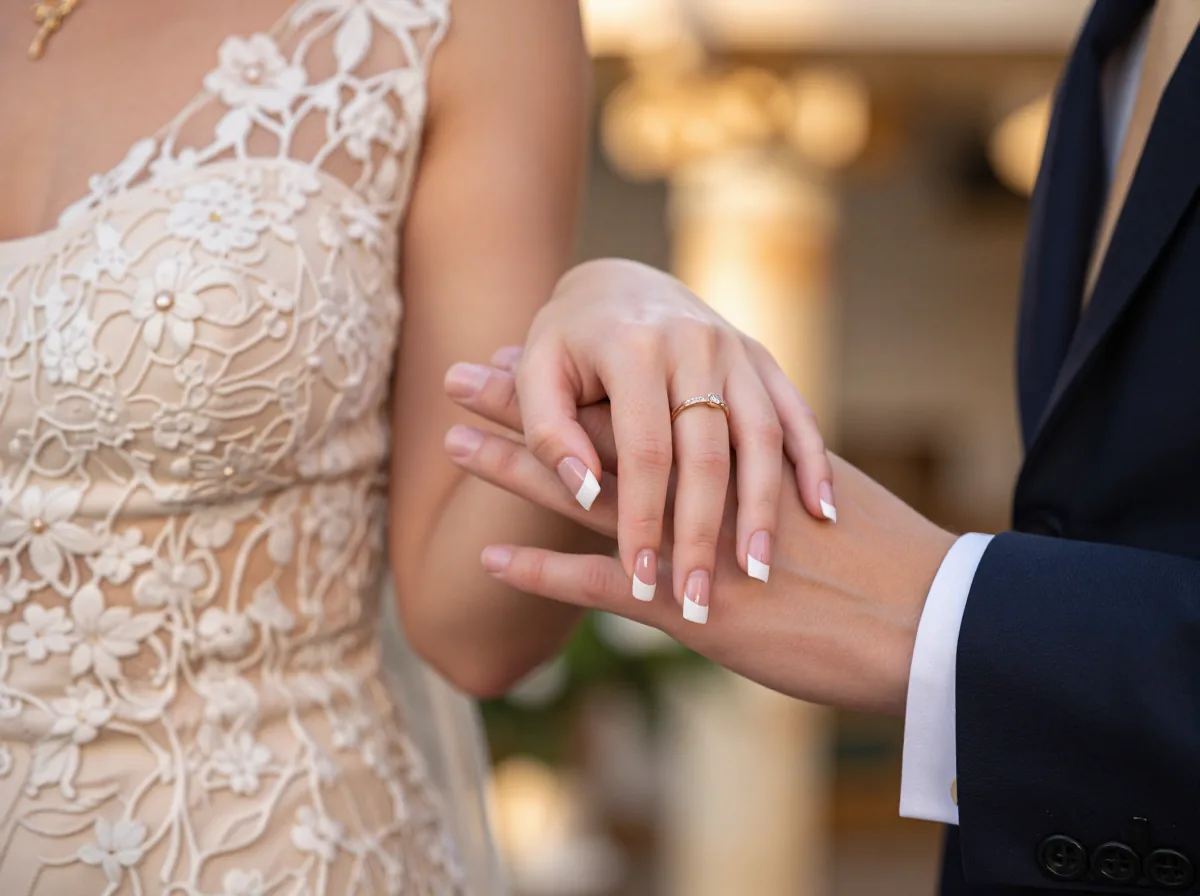 Tangan pengantin berpegangan erat dengan cincin emas dan gaun ivory