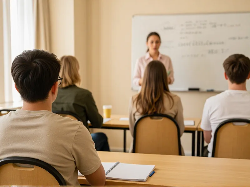 Ruang workshop pendidikan kecil dengan kursi dan buku catatan