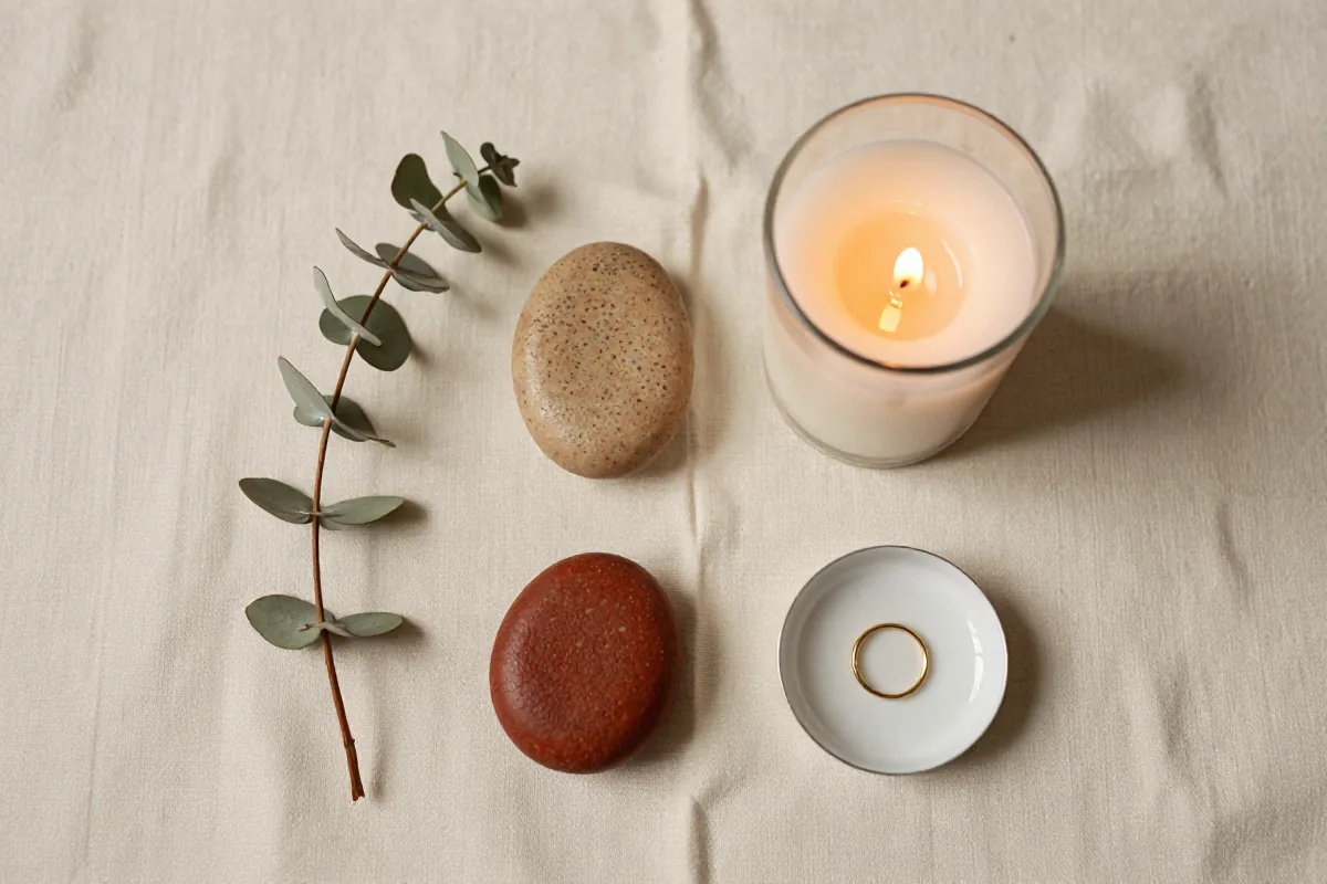 Empat elemen alami di atas kain linen: eucalyptus, batu, lilin, dan cincin emas